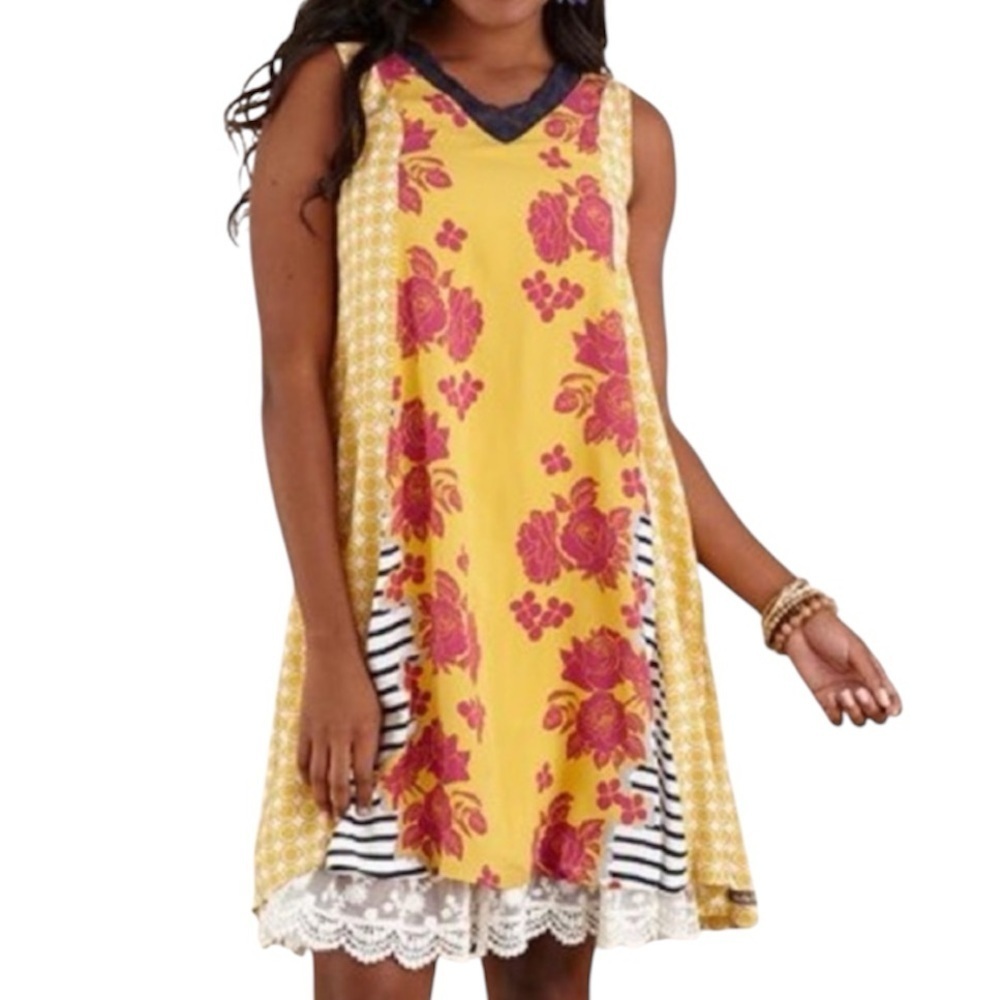 Matilda Jane Golden Key Floral Gingham Striped Pocketed Sleeveless Dress XS